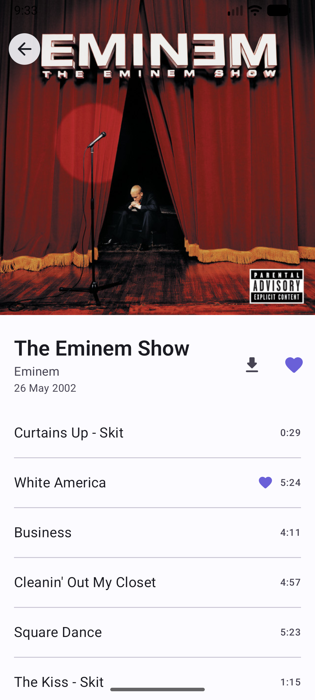 Podpolye album screen listing tracks from The Eminem Show